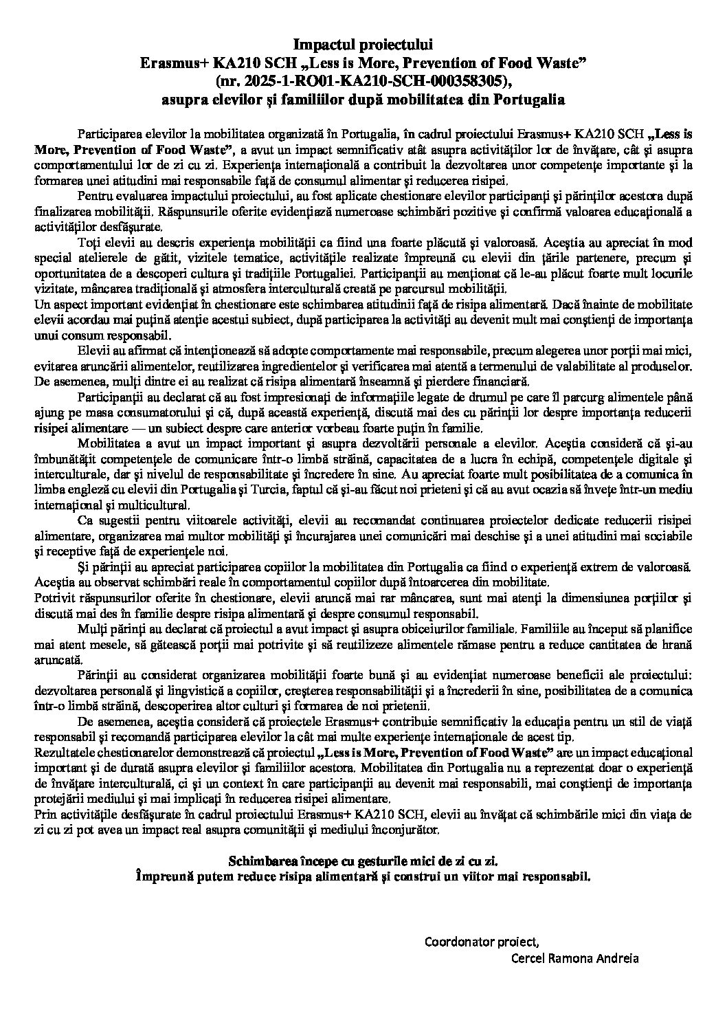 Material informativ - impactul proiectului asupra elevilor părinților